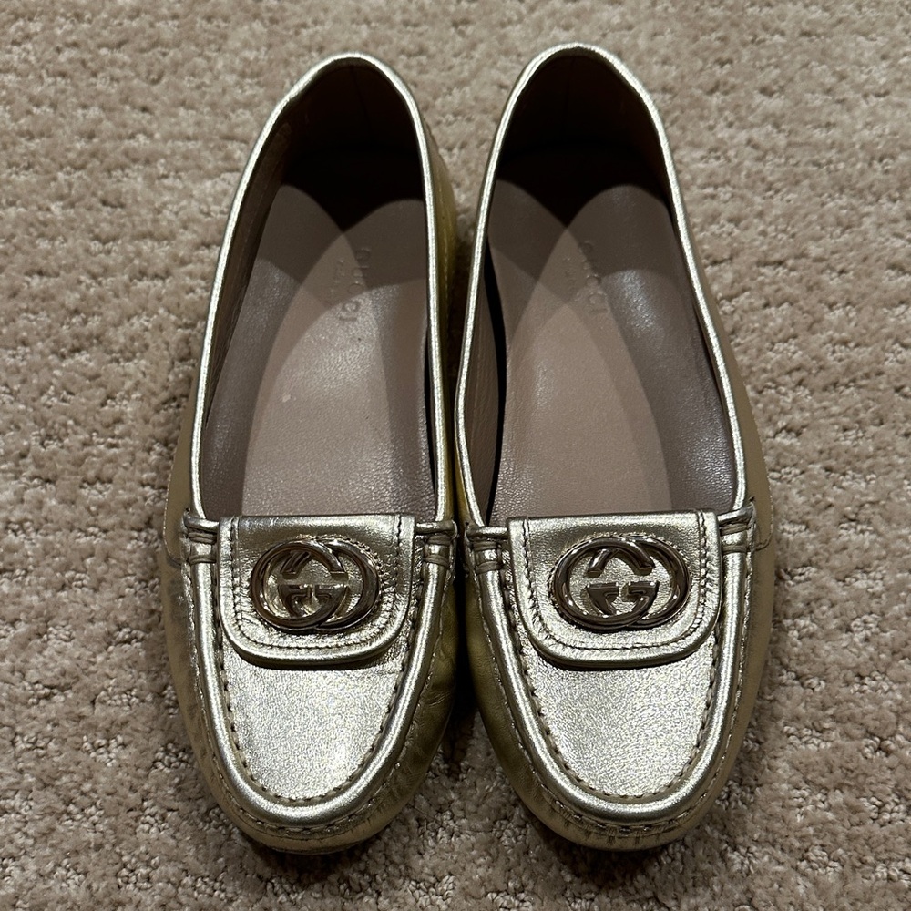 Gucci Gold Women's Loafers with Logo Detail